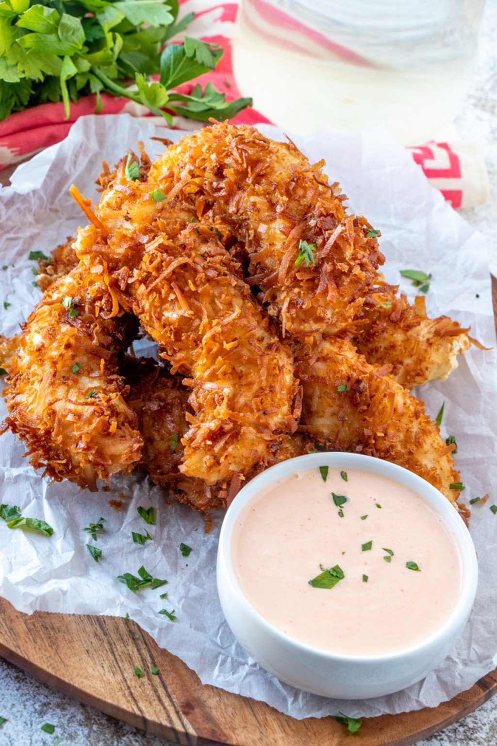 Coconut Chicken Tenders with Spicy Mango Sauce Onion Rings & Things