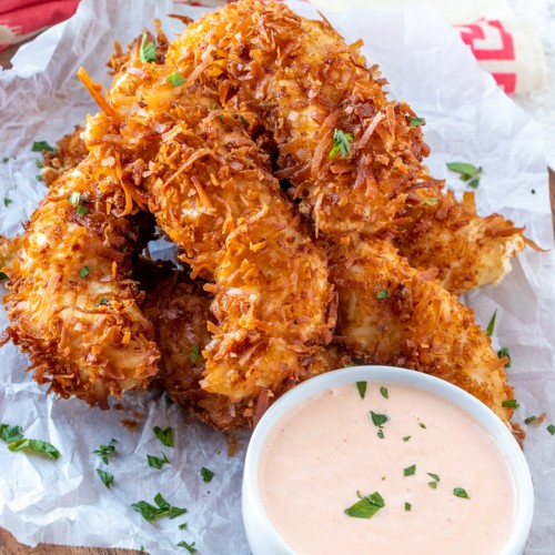 Coconut Chicken Tenders with Spicy Mango Sauce Onion Rings & Things