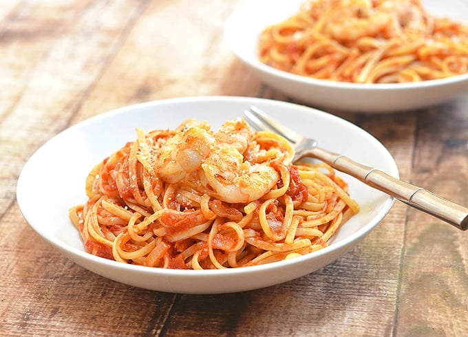 Pasta fra Diavolo with shrimp and linquine