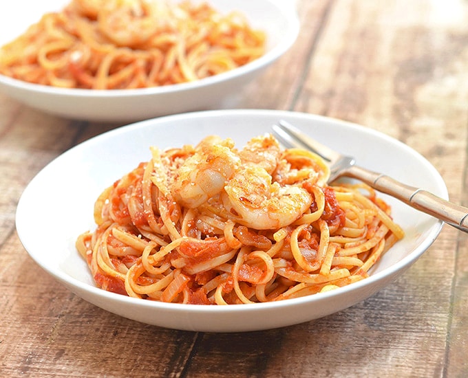 shrimp and linquine fra diavolo on a serving plate