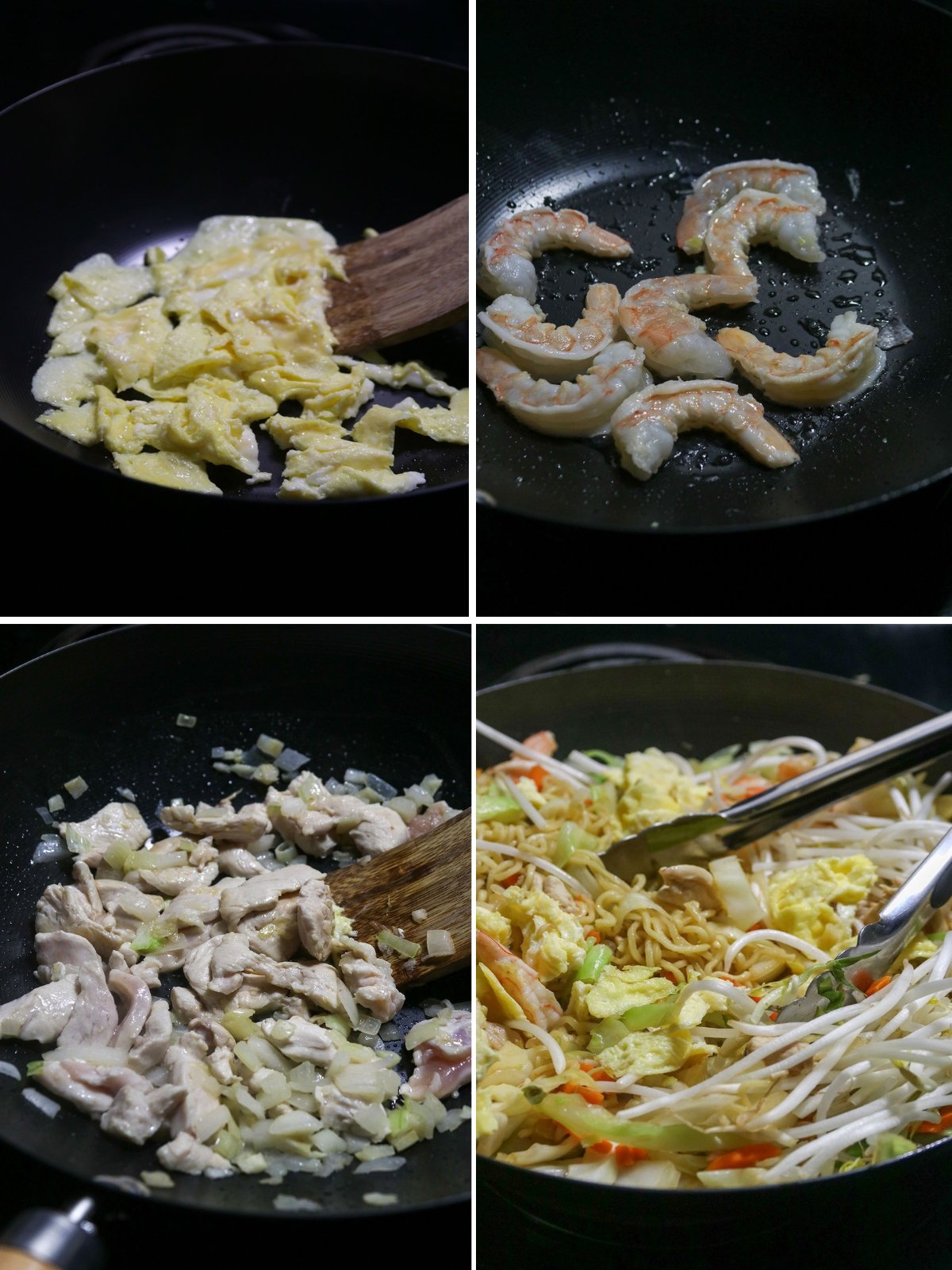 step process of making stir-fried ramen in a wide pan