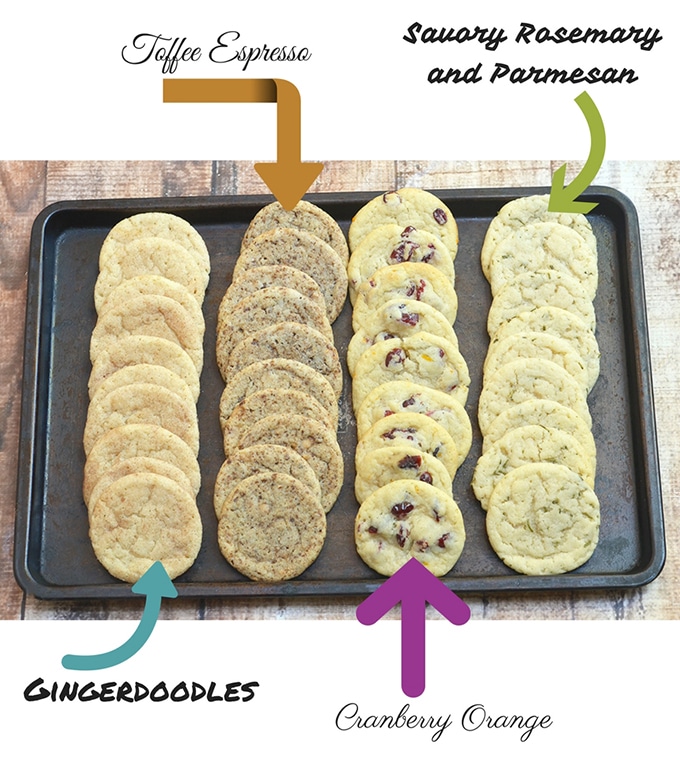 4 cookie flavors using refrigerated sugar cookie dough on a baking sheet