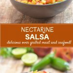 nectarine salsa made with nectarines, lime, cilantro, and jalapenos in a ceramic serving bowl