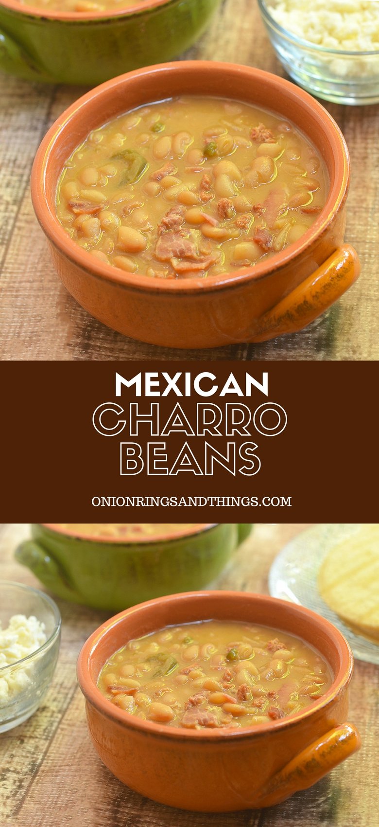 Charro Bean cooked with bacon, chorizo, tomatoes and chili peppers for a delicious accompaniment to your favorite Mexican entrees. They're hearty enough to be enjoyed on their own with warm tortillas and the recipe can be easily doubled to feed a crowd!