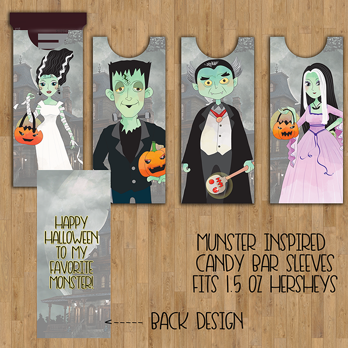 FREE Munsters Candy Bar Sleeve Printables inspired by the TV show classic! With scary cute designs, they are hair-raising, spine-chilling, blood-curdling addition to your Halloween celebration.