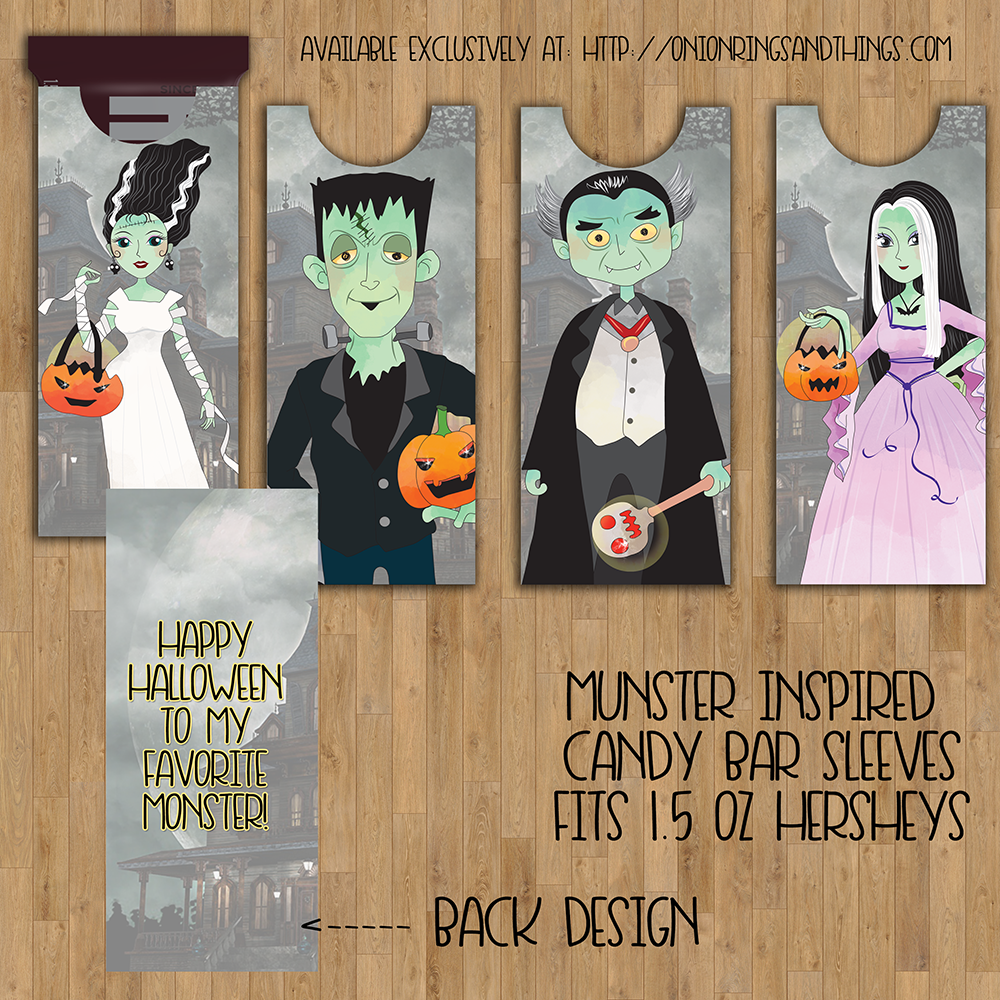 FREE Munsters Candy Bar Sleeve Printables inspired by the TV show classic! With scary cute designs, they are hair-raising, spine-chilling, blood-curdling addition to your Halloween celebration.