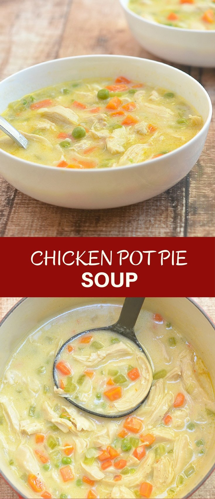 Chicken Pot Pie Soup has all the flavor and comfort of classic chicken pot pie but without the extra calories and extra work of a pie crust. Hearty and delicious, it’s perfect comfort food for chilly winters.