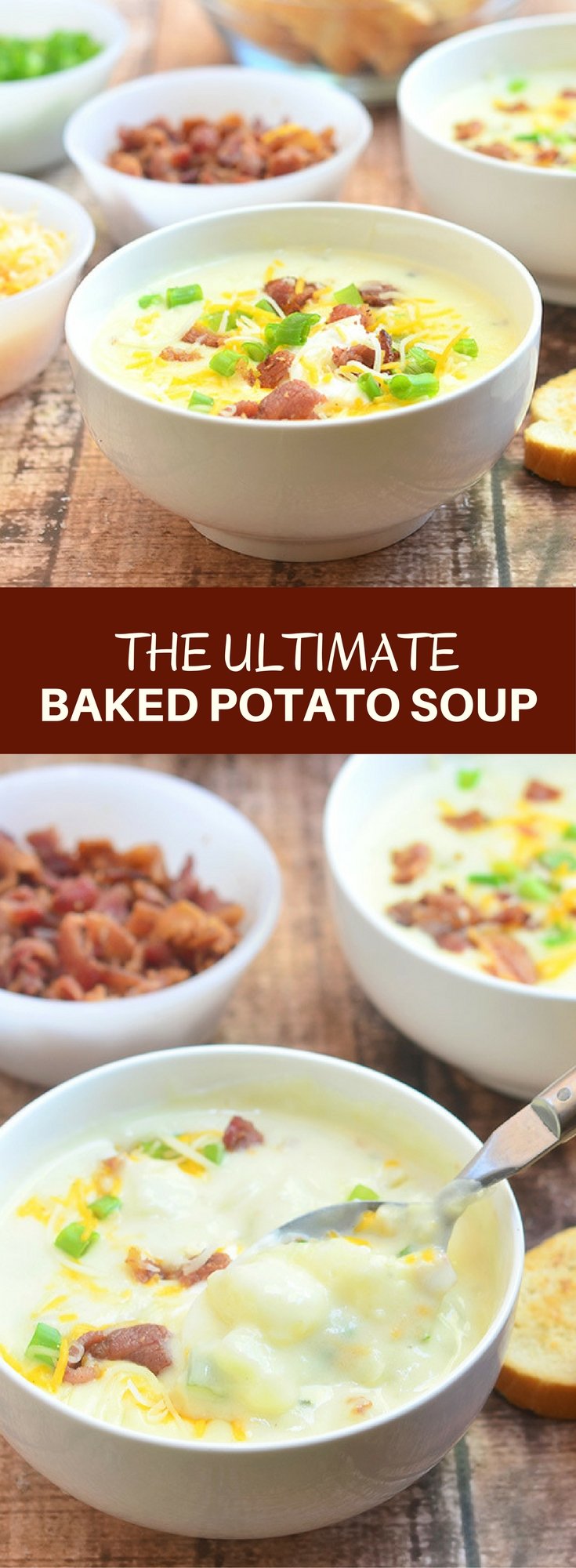Ultimate Baked Potato Soup loaded with potato chunks, bacon bits, green onions, shredded cheese, and sour cream plus a thick, creamy broth you'd want to dive into! Hearty and delicious, it's the ultimate comfort food!
