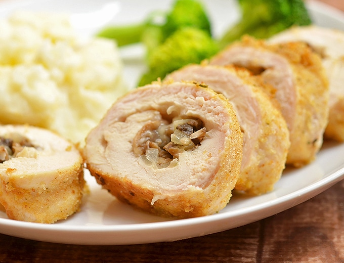 Stuffed Chicken with bacon, mushrooms and cheese. So moist and flavorful!