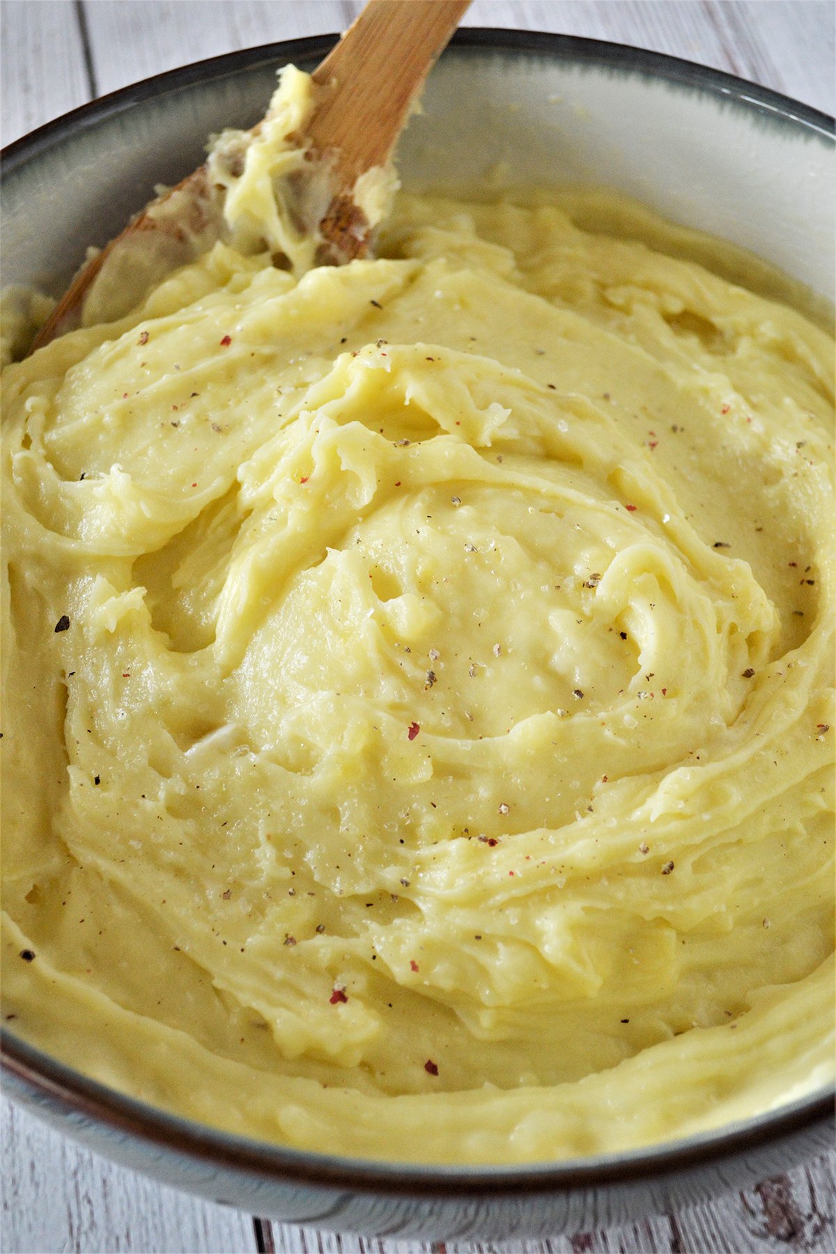 garlic mashed potatoes in a large serving bowl