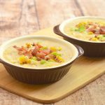 Grilled Corn Potato Chowder with grilled corn, potato, and crisp bacon bits. Rich, creamy, and hearty, it's the perfect comfort food!