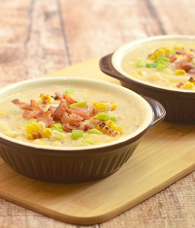 Grilled Corn Potato Chowder with grilled corn, potato, and crisp bacon bits. Rich, creamy, and hearty, it's the perfect comfort food!
