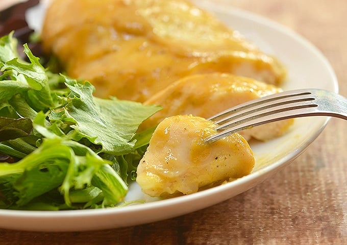 Sliced Honey Mustard Chicken with a side of salad- a family favorite!