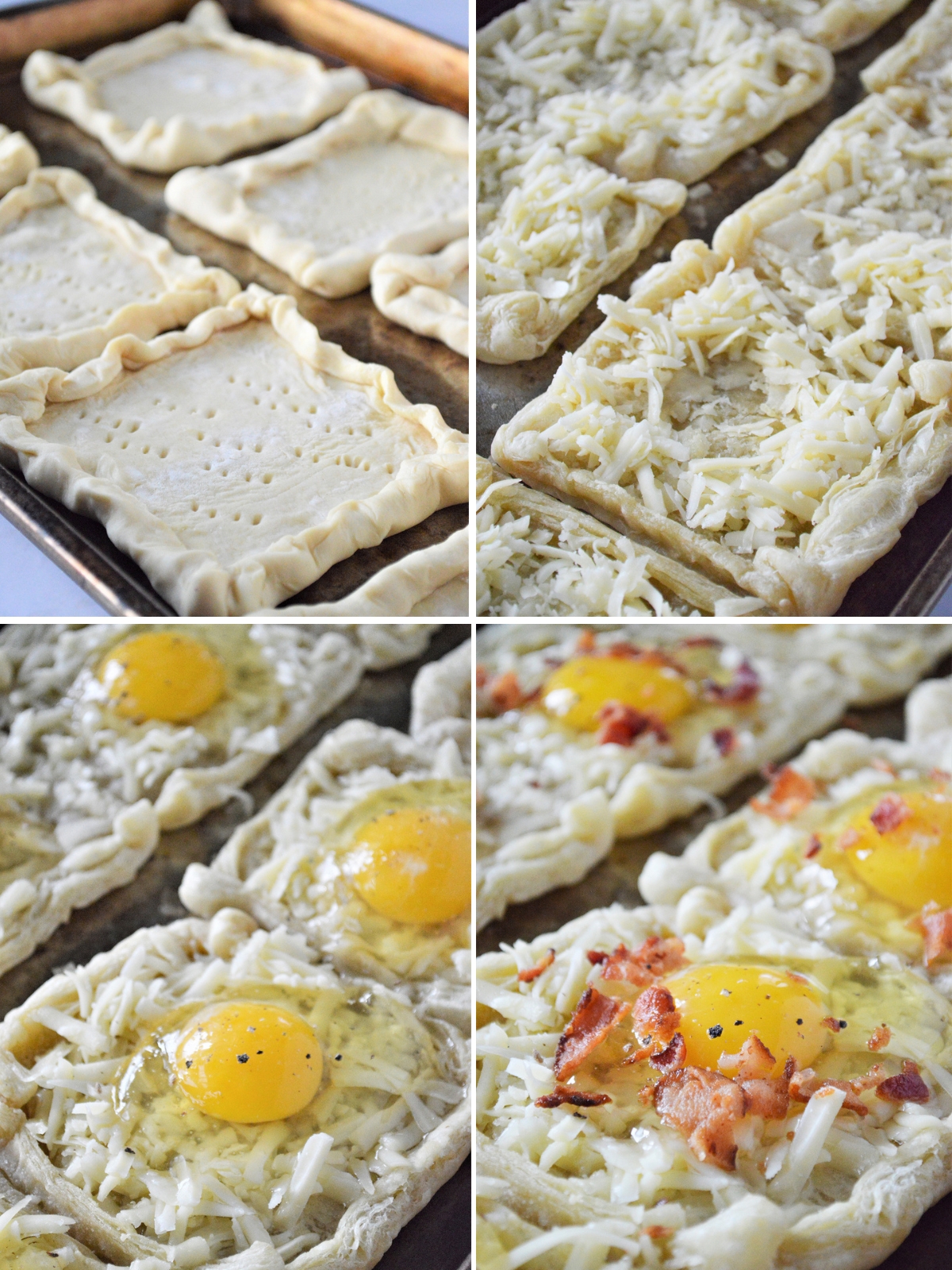 making baked eggs on puff pastry on a baking sheet