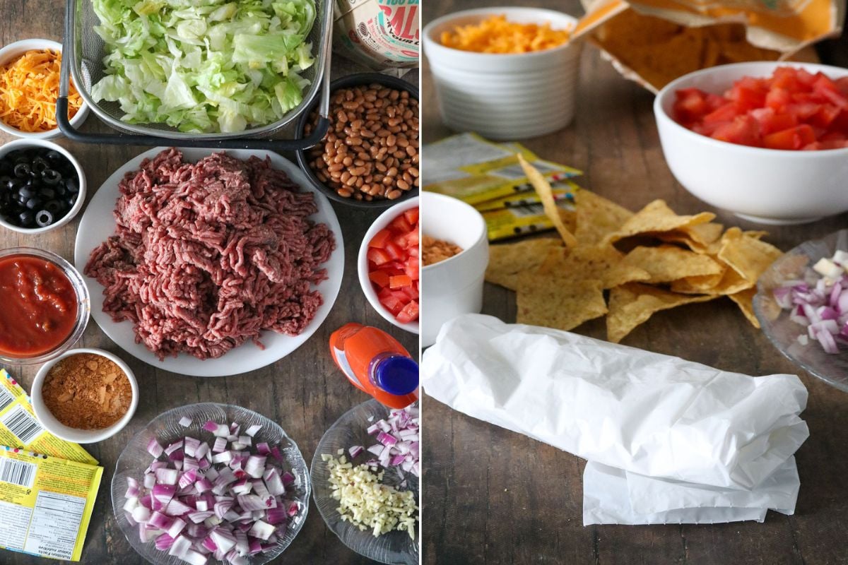 ground beef, shredded lettuce, cheese, beans, olives, tomatoes, seasonings, garlic, onions, Catalina dressing, corn chips