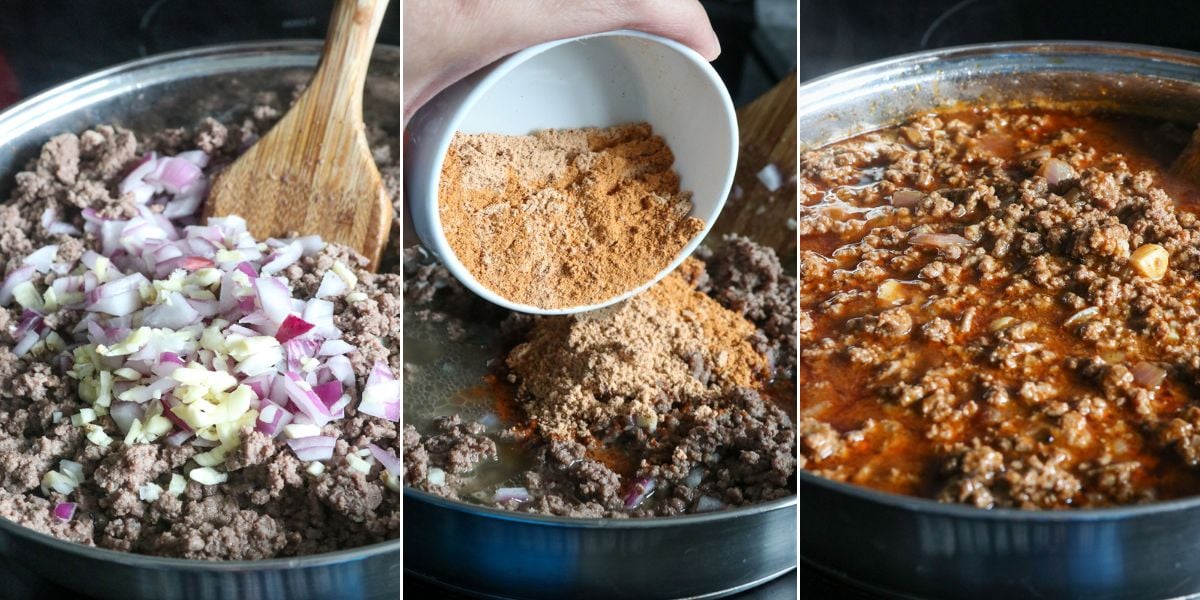 cooking taco meat using ground beef in a pan