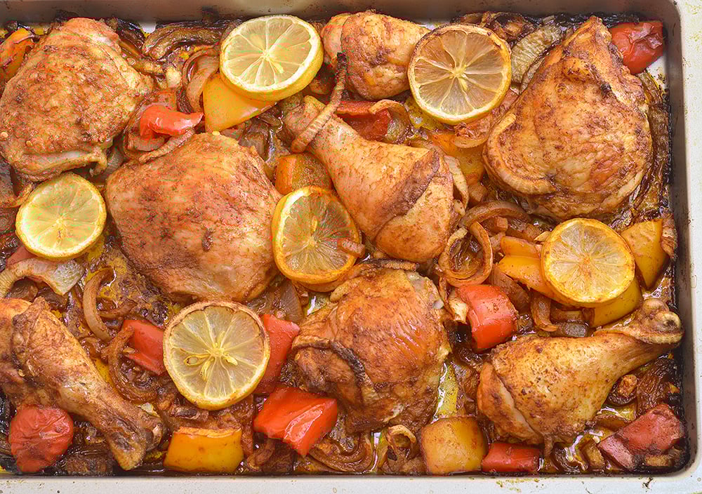 Roasted Chicken with Sweet Onions with sweet onions and peppers, lemon, and spices. This Peruvian-style roasted chicken has loads of flavor without the extra effort!