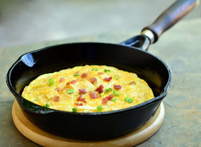 Potato Chip Omelette is a unique twist on the Spanish fritatta. Crisp potato chips add crunch and flavor to your regular omelette for delicious layer of yum!