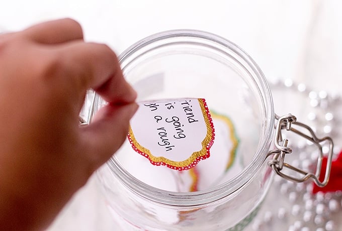 place Random Act of Kindness coupons in labeled glass mason jar