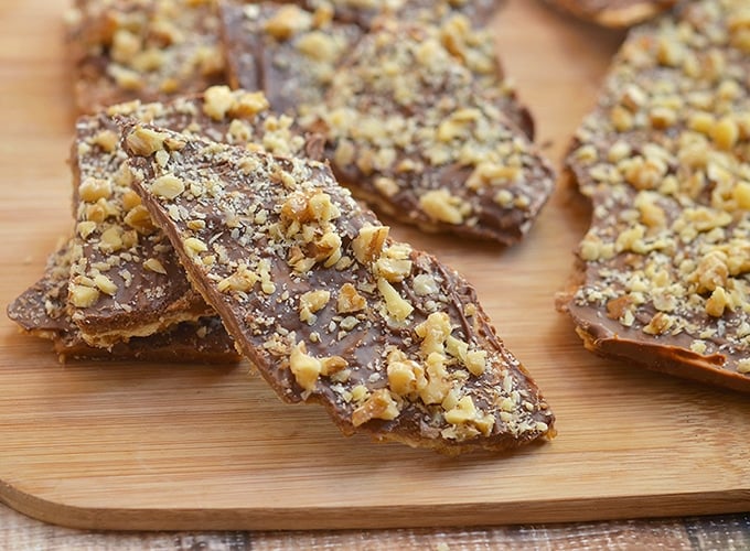 Saltine Toffee Cookies on a wooden board