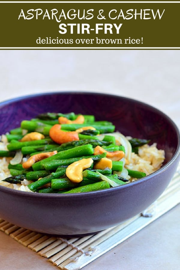 Asparagus and Cashew Stir-fry with tender-crisp asparagus and crunchy cashews served over nutty brown rice. A vegan dish that's as nutritious as it is delicious!