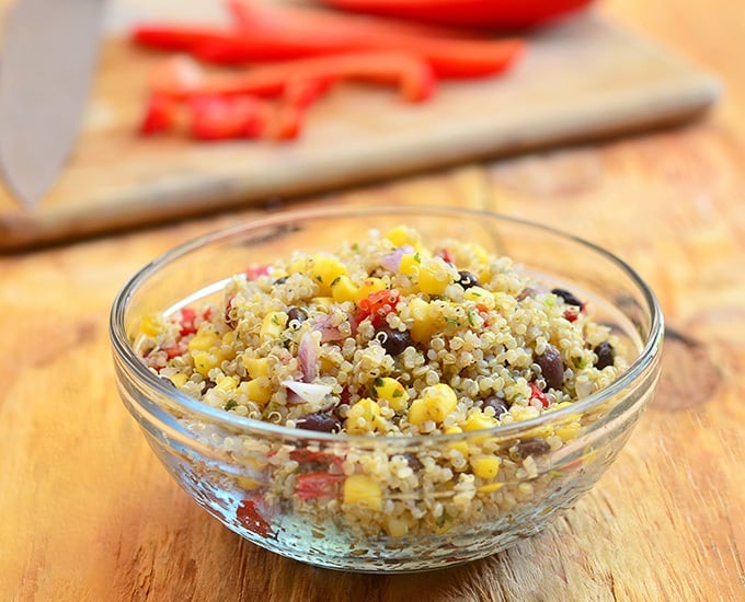 Southwestern Quinoa Salad is made with quinoa, black beans, corn, bell peppers and lime dressing. Bursting with southwestern flavors, this side dish is as delicious as it is nutritious.