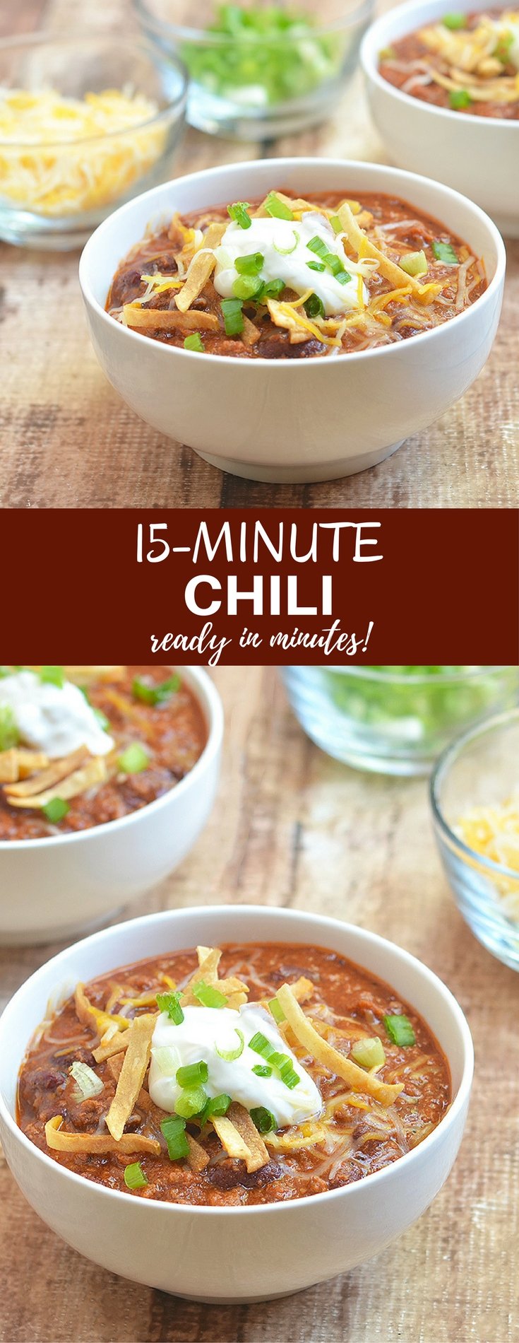 15-minute Chili has the big, bold flavors you crave in chili but without a lot of work. It requires basic pantry ingredients and is ready in 15 minutes!