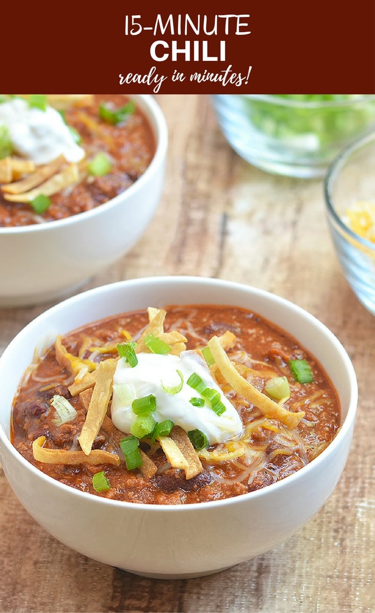 15-minute Chili has the big, bold flavors you crave in chili but without a lot of work. It requires basic pantry ingredients and is ready in 15 minutes!