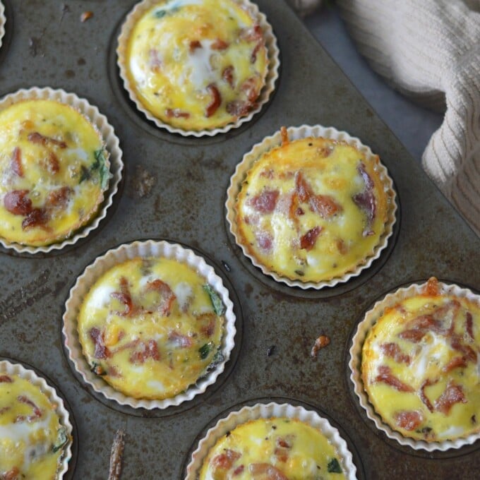 Bacon Spinach Mushroom Egg Muffins baked in muffin.