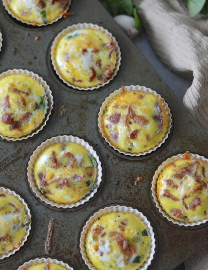 Bacon Spinach Mushroom Egg Muffins baked in muffin.