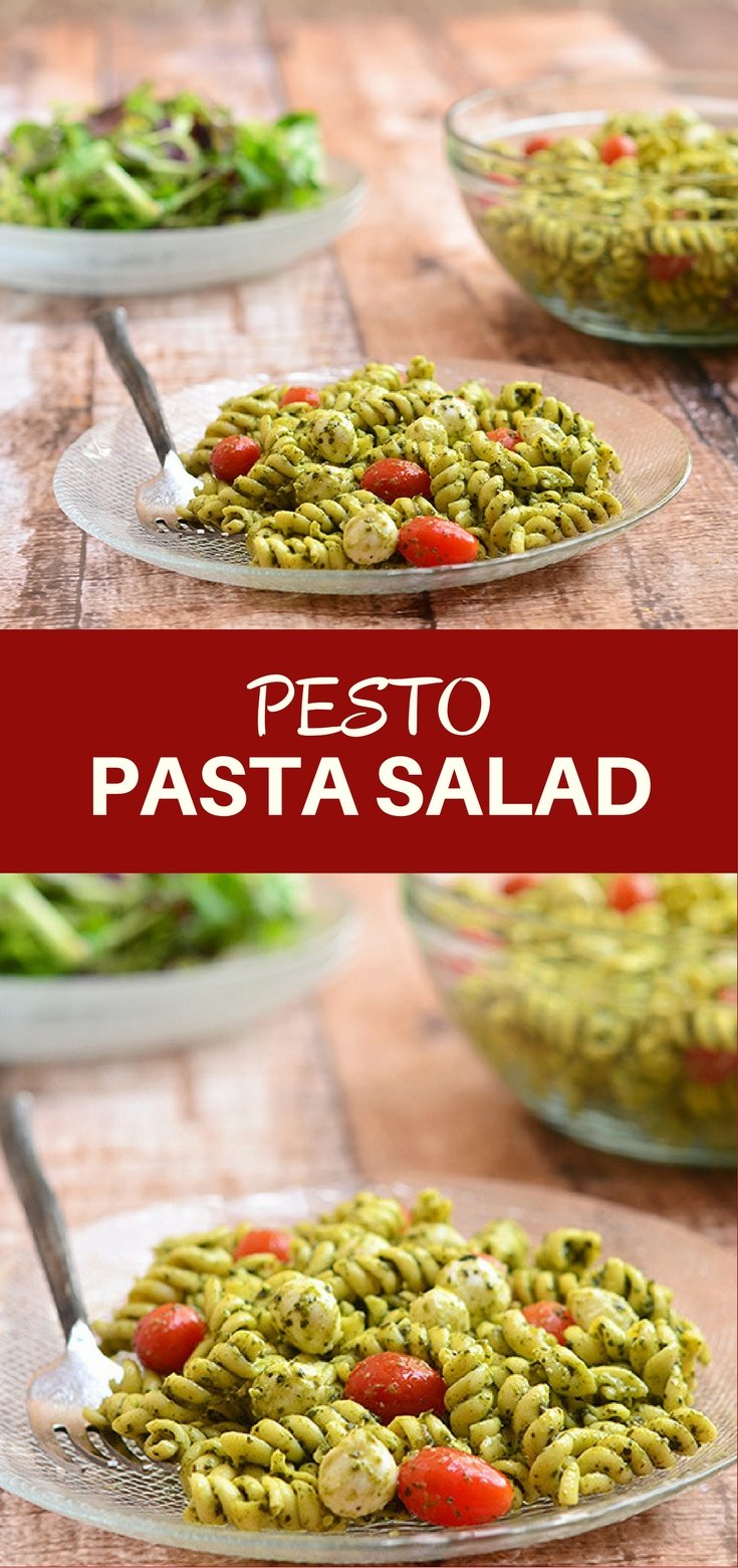 Pesto Pasta Salad with al dente pasta, bocconcini, and juicy cherry tomatoes tossed in a rich pesto sauce. It's a light yet satisfying delicious lunch meal that's sure to please the crowd!