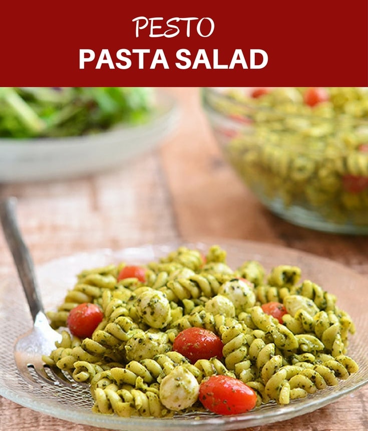 Pesto Pasta Salad with al dente pasta, bocconcini, and juicy cherry tomatoes tossed in a rich pesto sauce. It's a light yet satisfying delicious lunch meal that's sure to please the crowd!