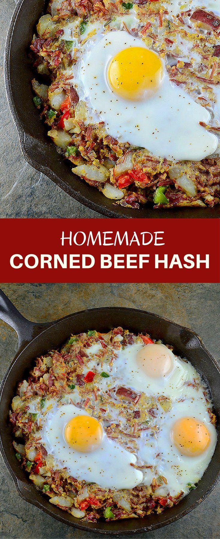 Corned Beef Hash is a delicious breakfast you can whip up from your leftover St. Patrick's feast! A hearty combination of corned beef, potatoes, bell peppers, and soft yolks, it makes a great dinner, too!