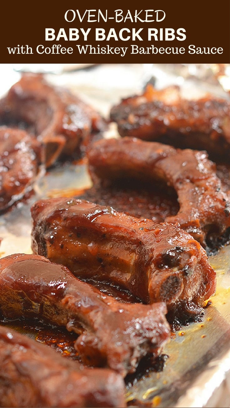 Oven-Baked Baby Back Ribs with Coffee Whiskey Barbecue Sauce are super easy to make yet moist, flavorful and fall-off-the-bone tender. They're finger-licking, lip-smacking amazing!