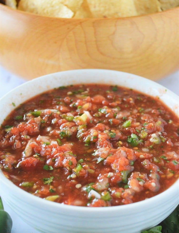 Homemade Restaurant-style Salsa in a white bowl