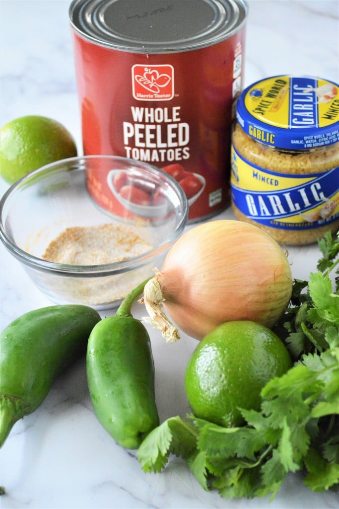 canned peeled tomatoes, jalapenos, cilantro, limes, garlic, cumin
