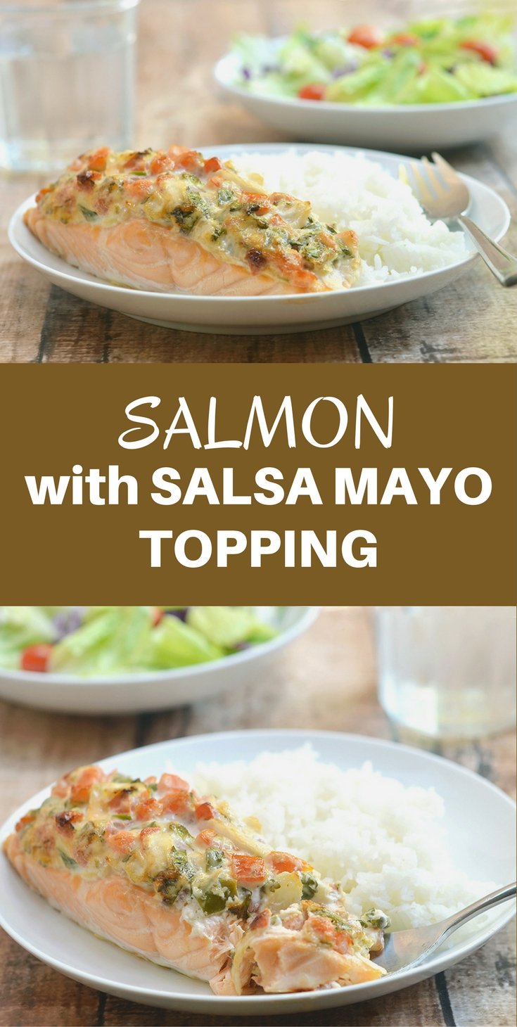 Salmon with Salsa Mayo Topping topped with fresh salsa and mayonnaise. Super moist and full of flavor, it makes for a quick and easy weeknight dinner the whole family will fight over.