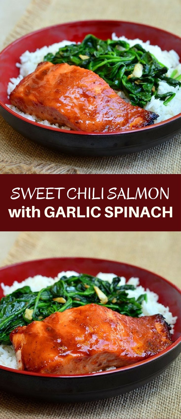 Sweet Chili Salmon with Garlic Spinach topped with sweet chili glaze and served over a bed of garlicky spinach. It makes a flavorful dinner meal and it's ready in minutes!