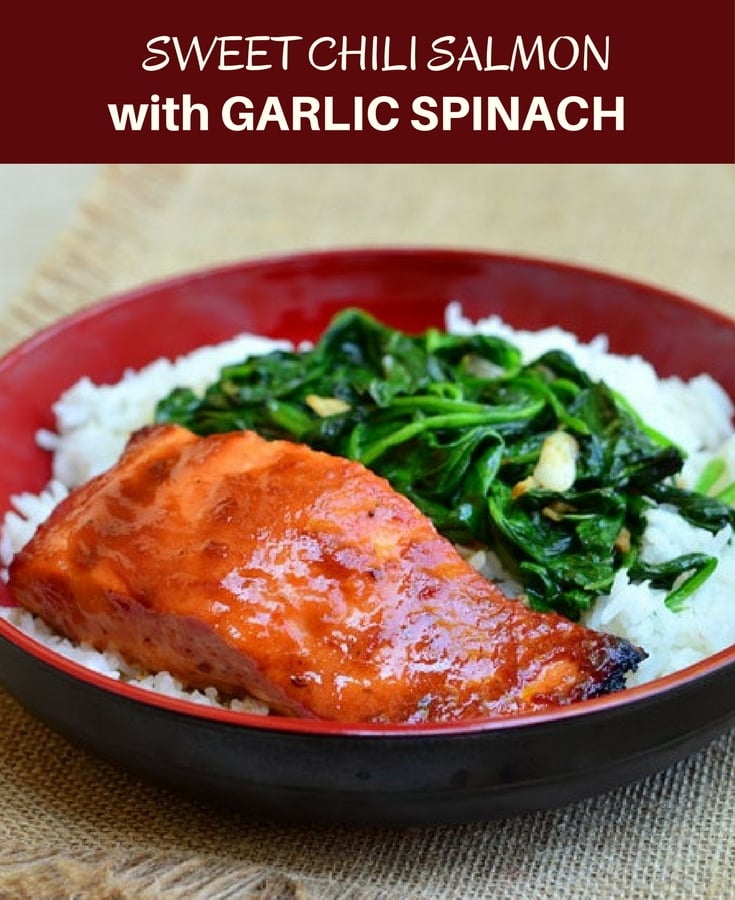 Sweet Chili Salmon with Garlic Spinach topped with sweet chili glaze and served over a bed of garlicky spinach. It makes a flavorful dinner meal and it's ready in minutes!