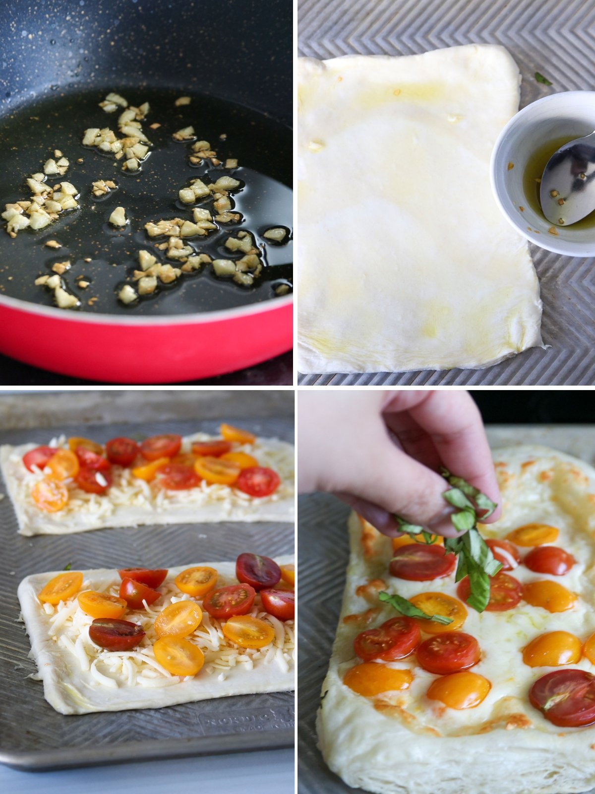 assembling puff pastry pizzas with cheese, tomatoes, basil, and garlic