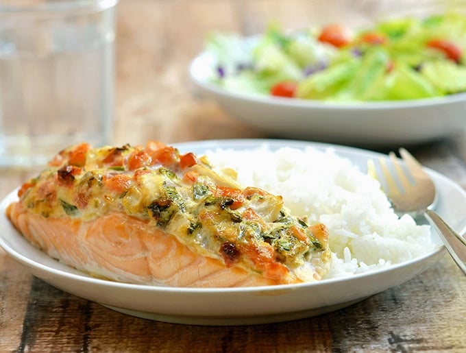 Baked Salmon with mayonnaise and salsa and mayo for a super moist and flavorful dish