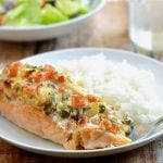 Salmon with Salsa Mayo Topping topped with fresh salsa and mayonnaise. Super moist and full of flavor, it's a quick and easy weeknight dinner the whole family will fight over.