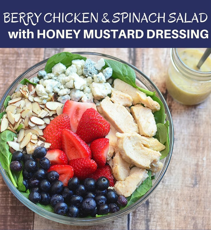 Berry Chicken and Spinach Salad with Honey Mustard Dressing chock-full of verdant spinach leaves, moist chicken, juicy berries, crunchy almonds, pungent blue cheese, and a sweet and tangy dressing. With fresh, bright flavors, it is a light yet satisfying summer salad!