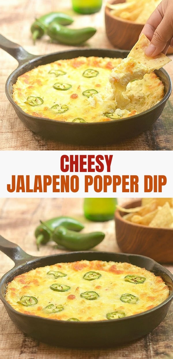 Cheesy Jalapeno Popper Dip baked in a cast iron pan