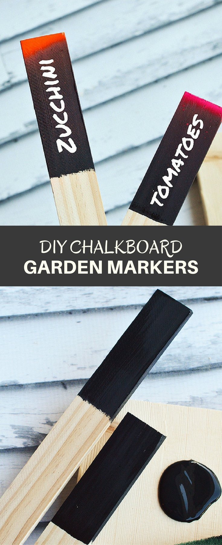 DIY Chalkboard Garden Markers make a cute addition to your garden! Made with sturdy wooden stakes and painted black chalkboard paint, they're reusable year after year!