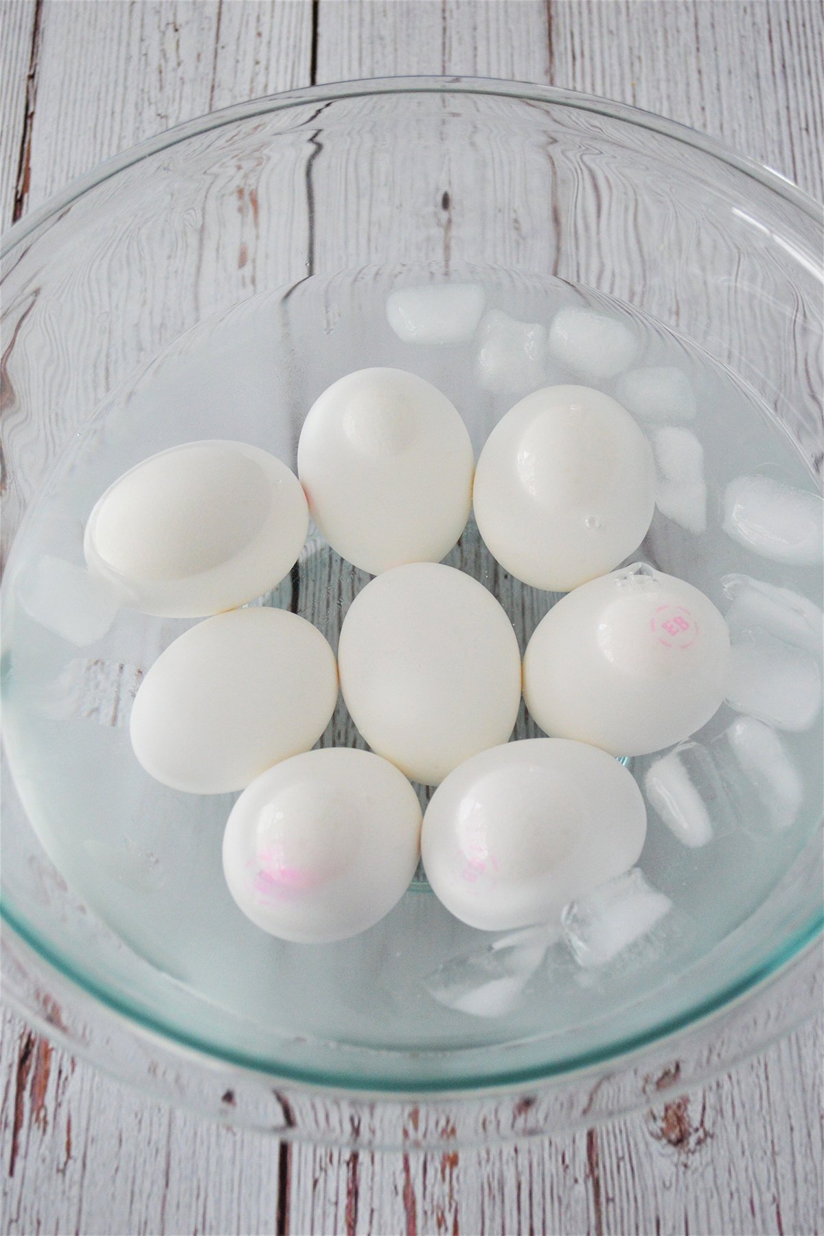 hardboiled eggs in a bowl of iced water