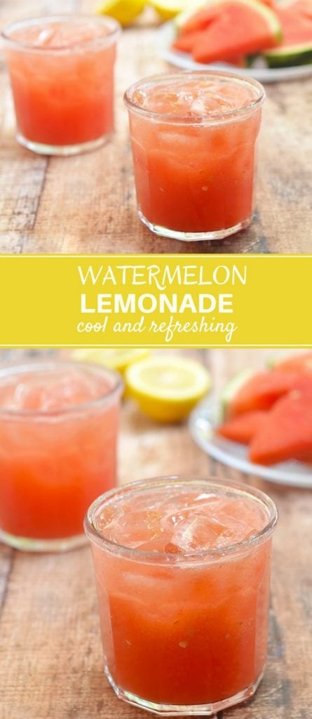 watermelon lemonade in clear glasses with watermelon and lemon slices on the side