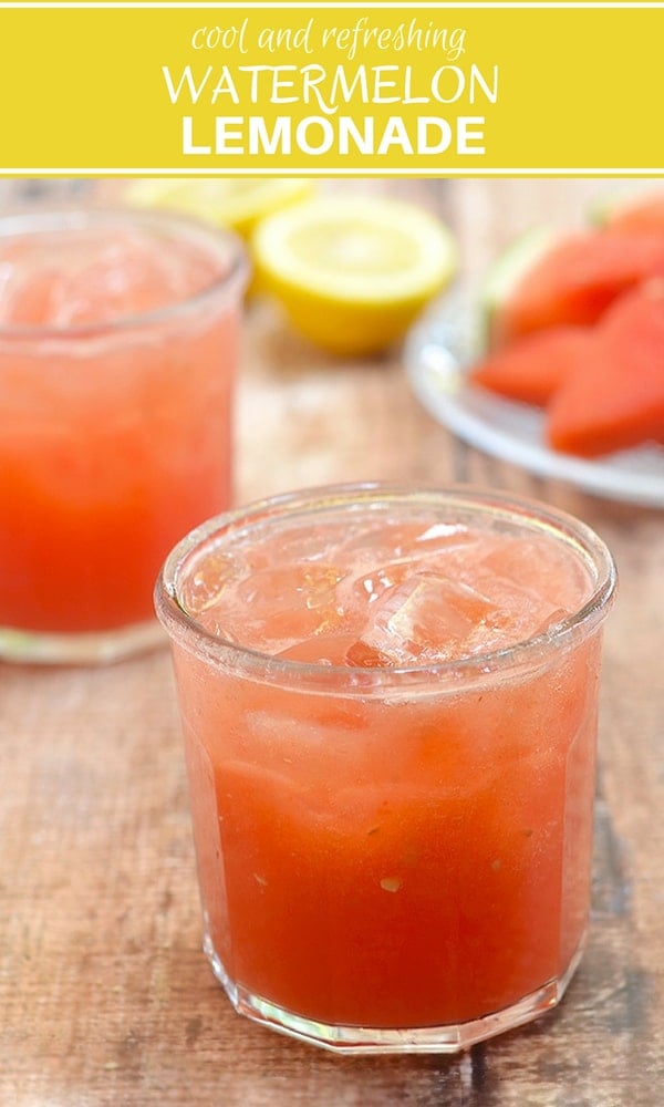 clear glasses filled with watermelon lemonade and watermelon slices and lemon on a plate