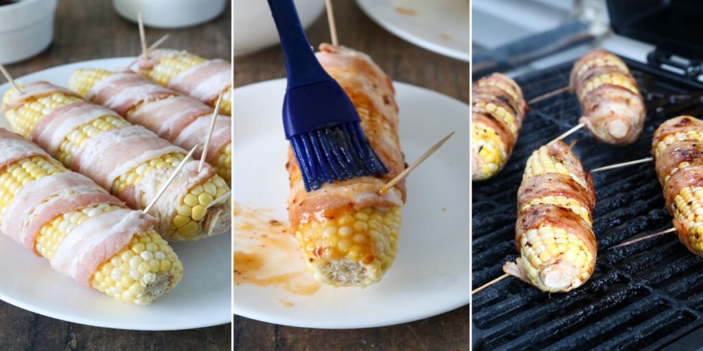 making bacon-wrapped corn with chipotle-honey glaze.