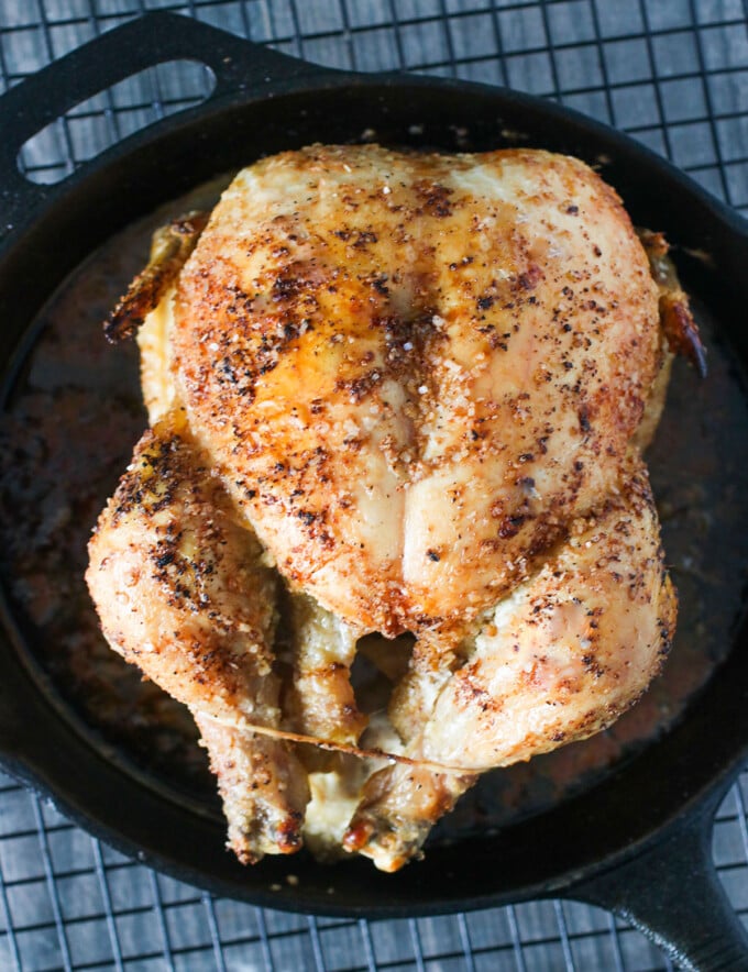 roasted chicken in a cast iron skillet